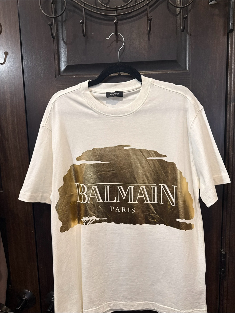 Balmain White T-Shirt with Gold Logo Print